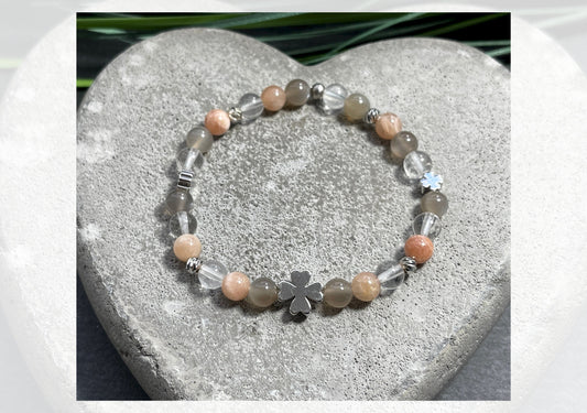 Armband schwarzer Mondstein Bergkristall Sonnenstein - Perlen echt Platiniert - Weibliche Intuition Lebensfreude Energie - Glücksarmband