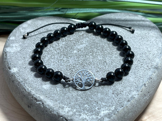 Makramee Armband Lebensbaum schwarzer Turmalin - Geburtsstein Oktober - Perlenarmband Schutzstein - Geschenk Liebe Glück Kraft - anpassbar