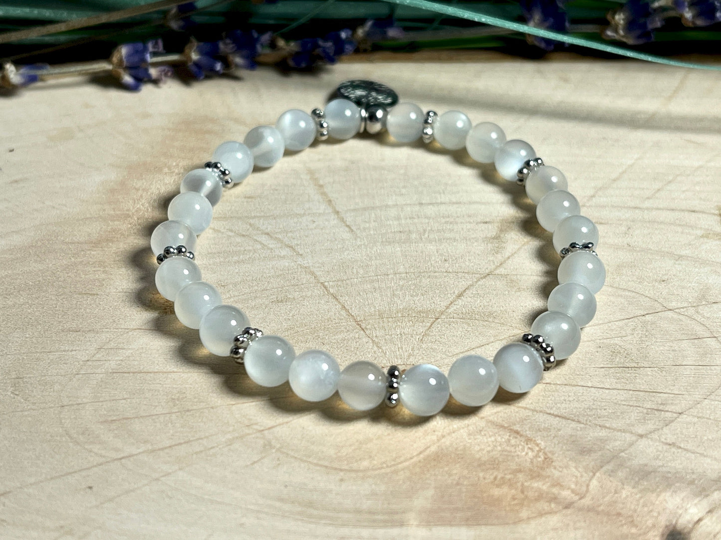 Armband Mondstein mit Lebensbaum - Daisyperle echt Platiniert - Geburtsstein Juni - Perlen 6 mm - Apatit Turmalin Bergkristall Amazonit uvm.