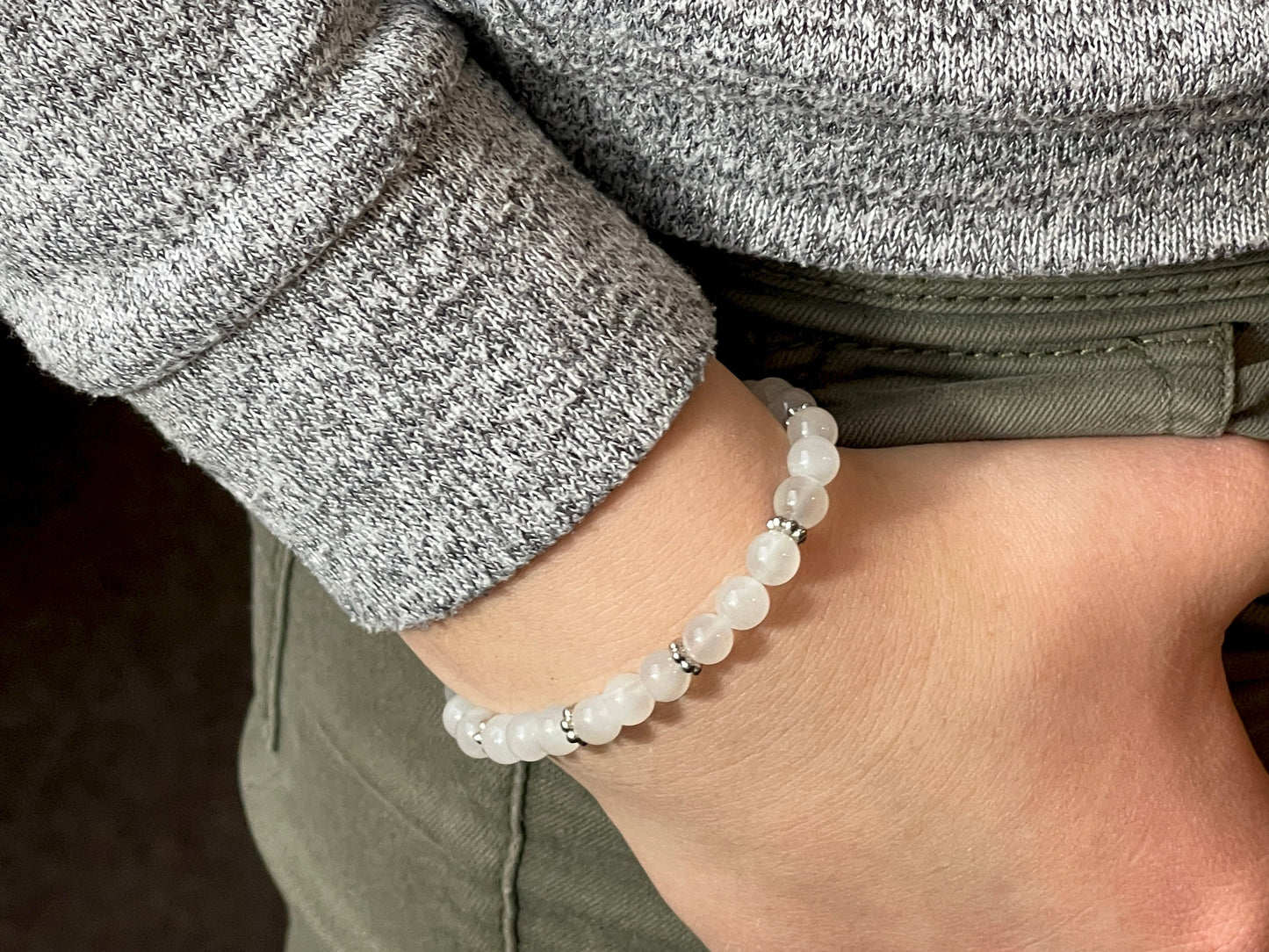 Armband Mondstein mit Lebensbaum - Daisyperle echt Platiniert - Geburtsstein Juni - Perlen 6 mm - Apatit Turmalin Bergkristall Amazonit uvm.
