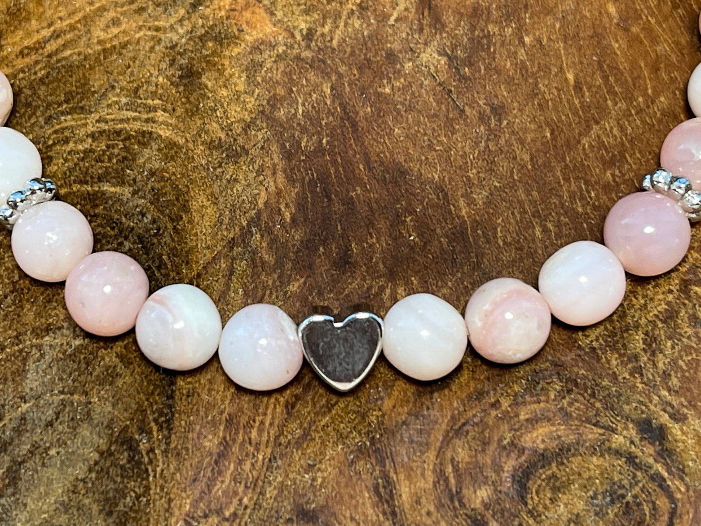 Armband Rosa Opal - Herz und Daisyperlen echt platiniert - Perlenarmband Natursteine echt - Damenarmband Perlen mit Herz - personalisierbar