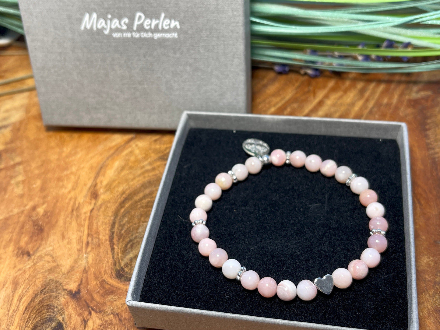 Armband Rosa Opal - Herz und Daisyperlen echt platiniert - Perlenarmband Natursteine echt - Damenarmband Perlen mit Herz - personalisierbar