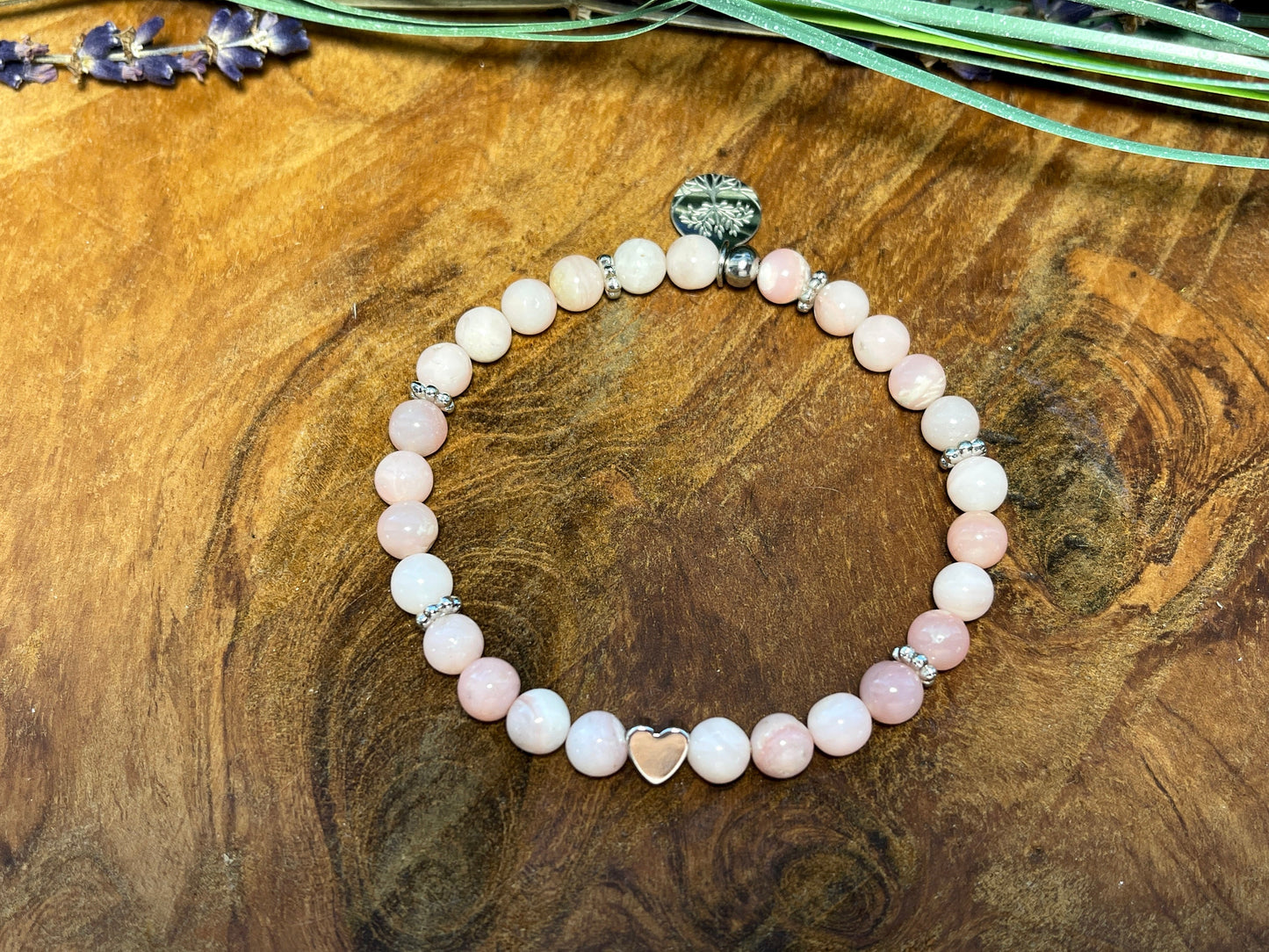 Armband Rosa Opal - Herz und Daisyperlen echt platiniert - Perlenarmband Natursteine echt - Damenarmband Perlen mit Herz - personalisierbar