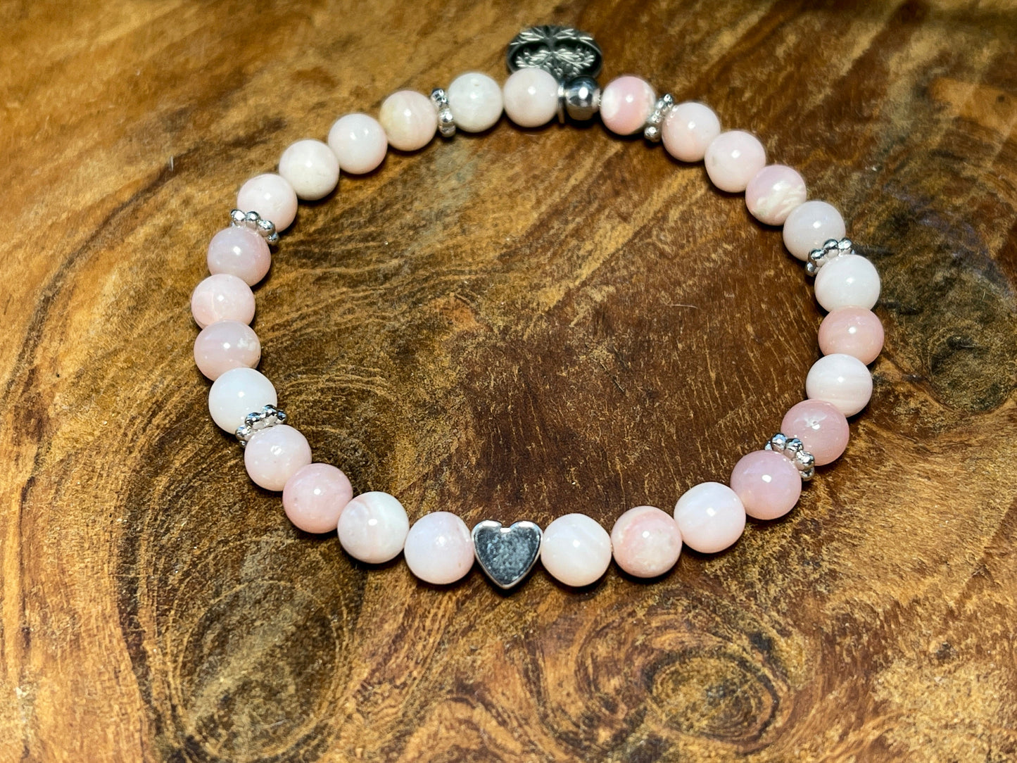 Armband Rosa Opal - Herz und Daisyperlen echt platiniert - Perlenarmband Natursteine echt - Damenarmband Perlen mit Herz - personalisierbar