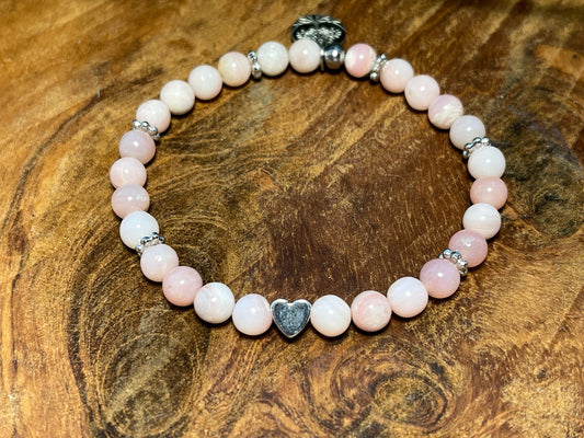 Armband Rosa Opal - Herz und Daisyperlen echt platiniert - Perlenarmband Natursteine echt - Damenarmband Perlen mit Herz - personalisierbar