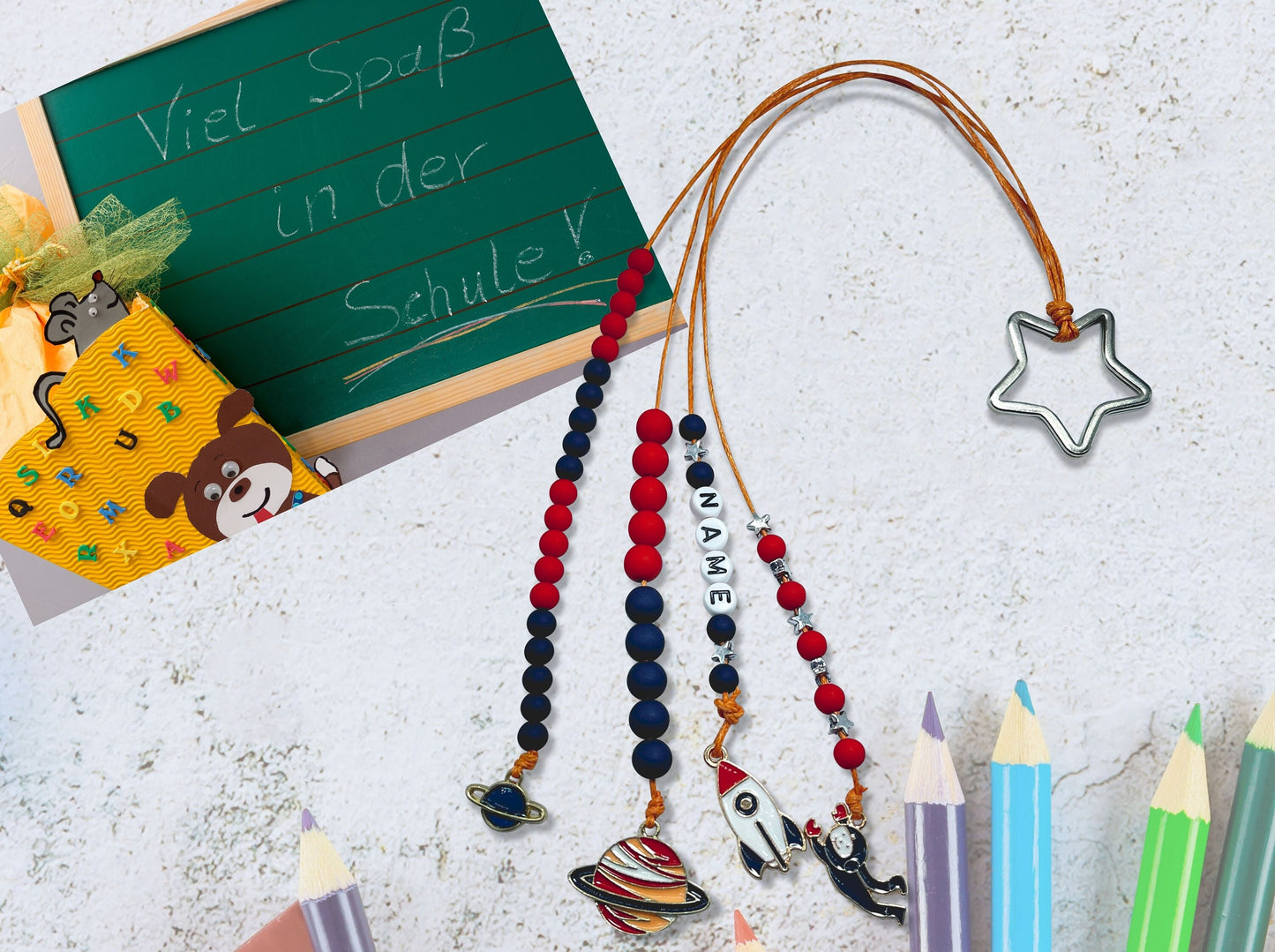 Rechenkette Junge Zählkette Weltall Blau Rot Name wahlweise ABC - Geschenk Einschulung erster Schultag - Rechenhilfe bis 20 Grundschule