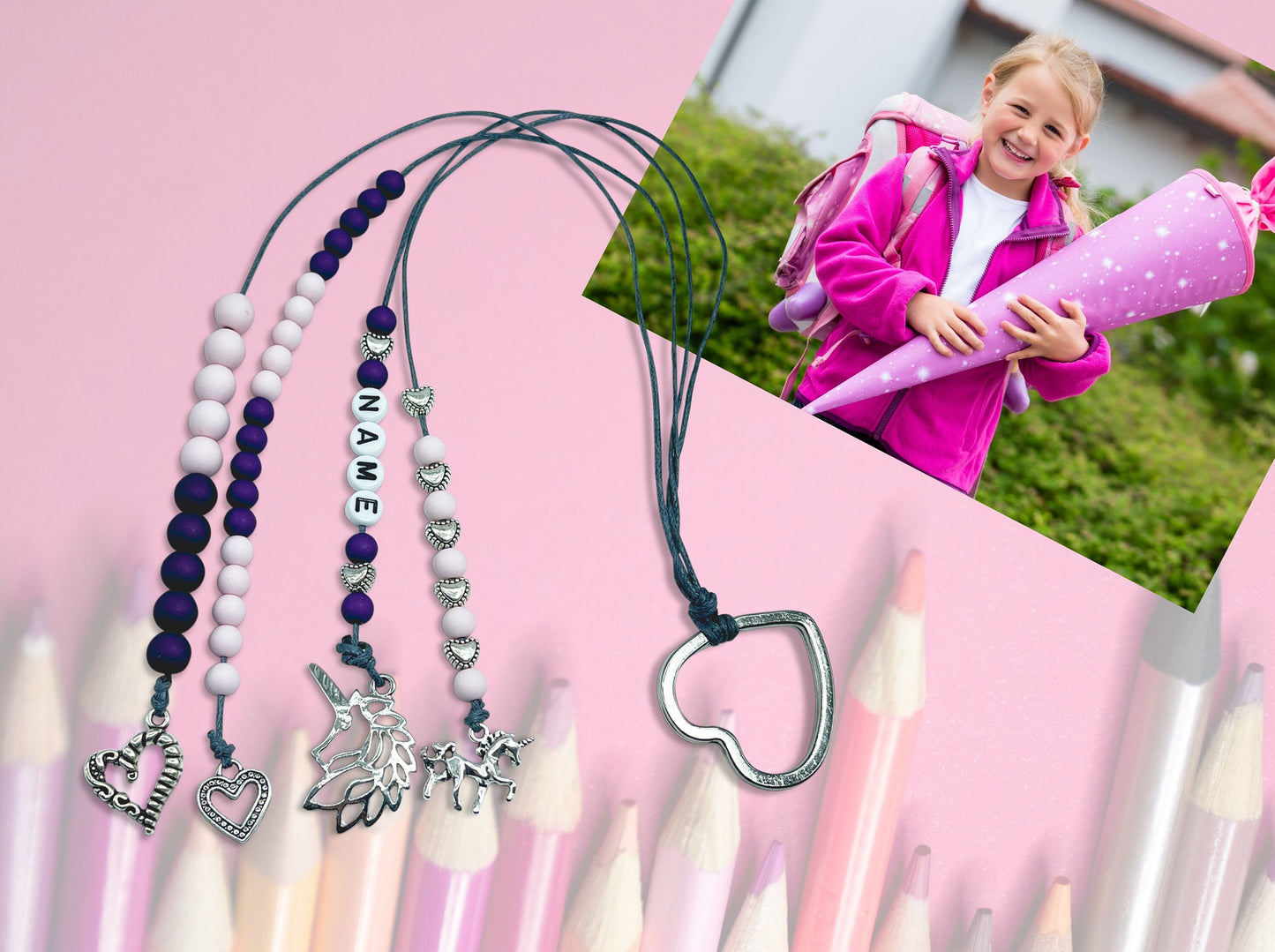 Rechenkette Mädchen Zählkette Herzen Rosa Lila mit Name wahlweise ABC - Geschenk Einschulung erster Schultag - Rechenhilfe 20 Grundschule