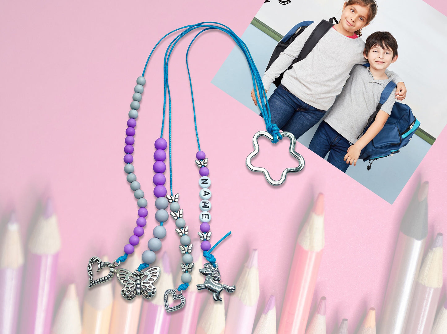 Rechenkette Mädchen Zählkette Grau Flieder Einhorn mit Name wahlweise ABC - Geschenk Einschulung erster Schultag - Rechenhilfe Grundschule