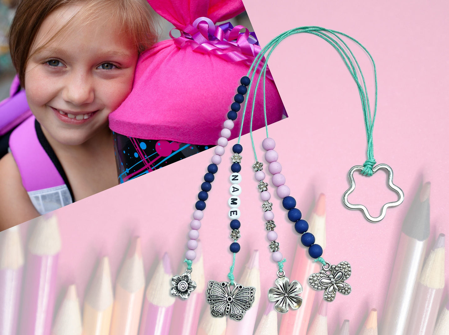 Rechenkette Zählkette Mädchen Blumen Rosa Dunkelblau mit Name wahlweise ABC - Geschenk Einschulung erster Schultag Rechenhilfe Grundschule