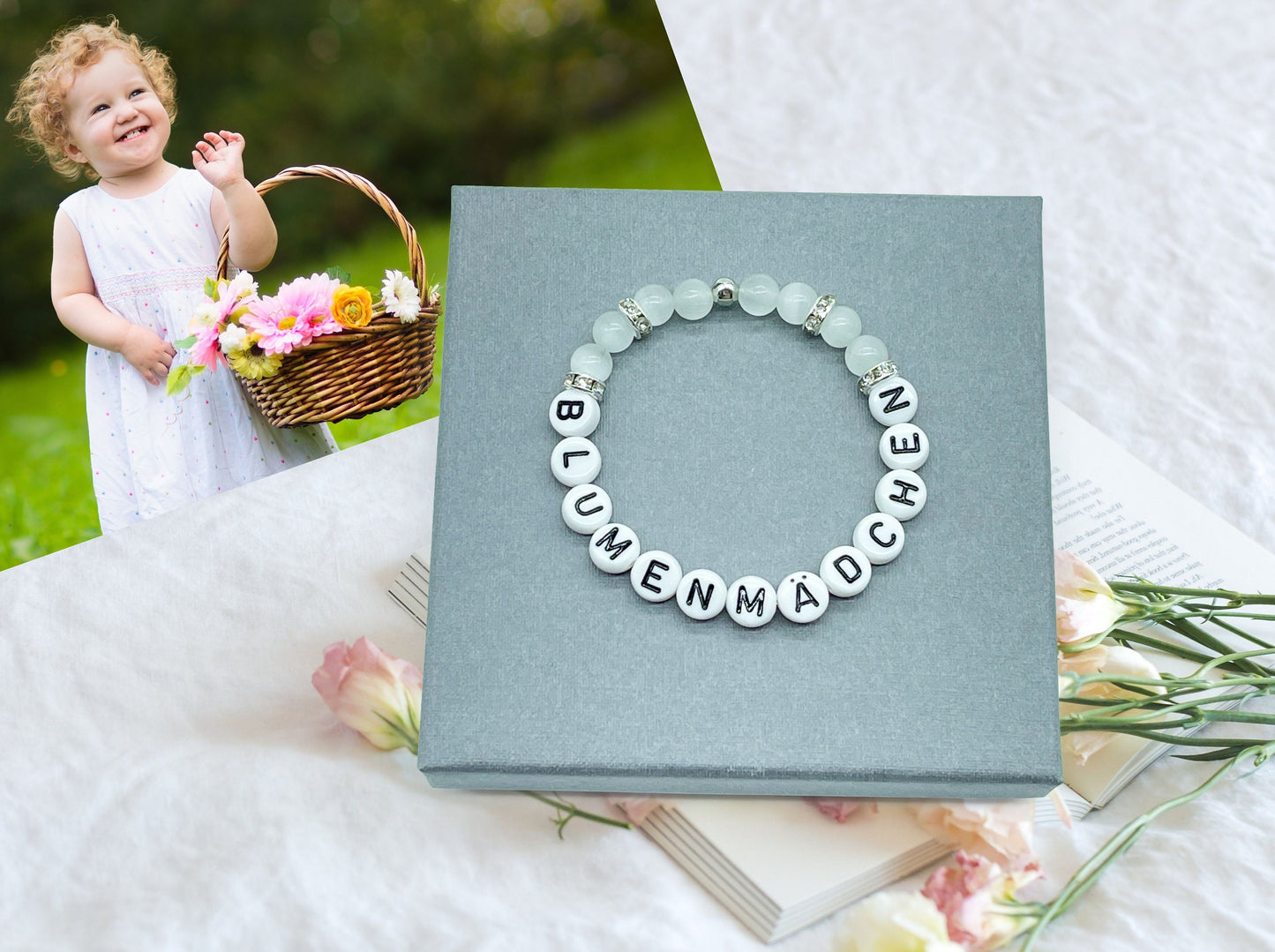 Perlenarmband Blumenmädchen Cateyeperlen Strassrondelle Weiß - Geschenk Blumenkind Ringkind - Hochzeit und Kinder - personalisierbar