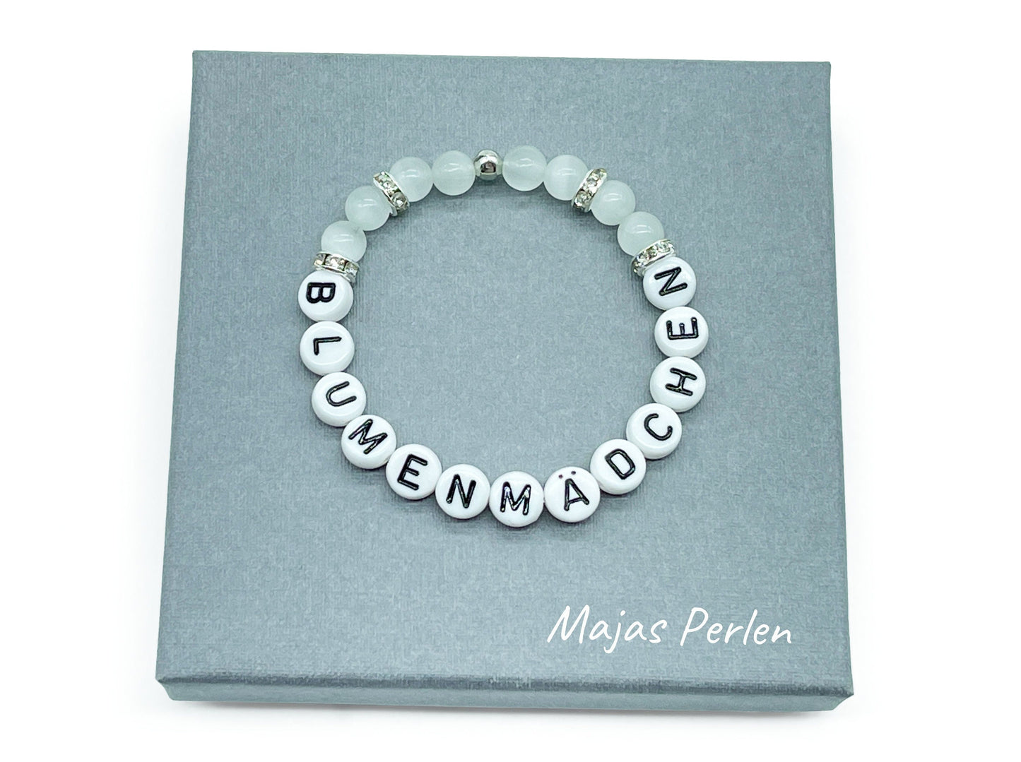 Perlenarmband Blumenmädchen Cateyeperlen Strassrondelle Weiß - Geschenk Blumenkind Ringkind - Hochzeit und Kinder - personalisierbar