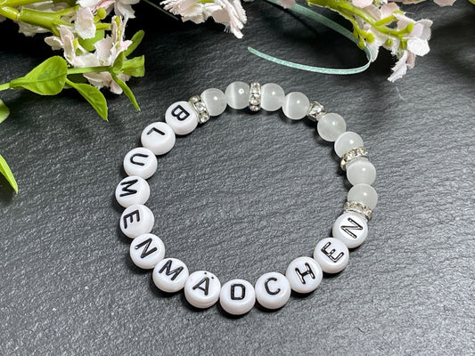 Perlenarmband Blumenmädchen Cateyeperlen Strassrondelle Weiß - Geschenk Blumenkind Ringkind - Hochzeit und Kinder - personalisierbar
