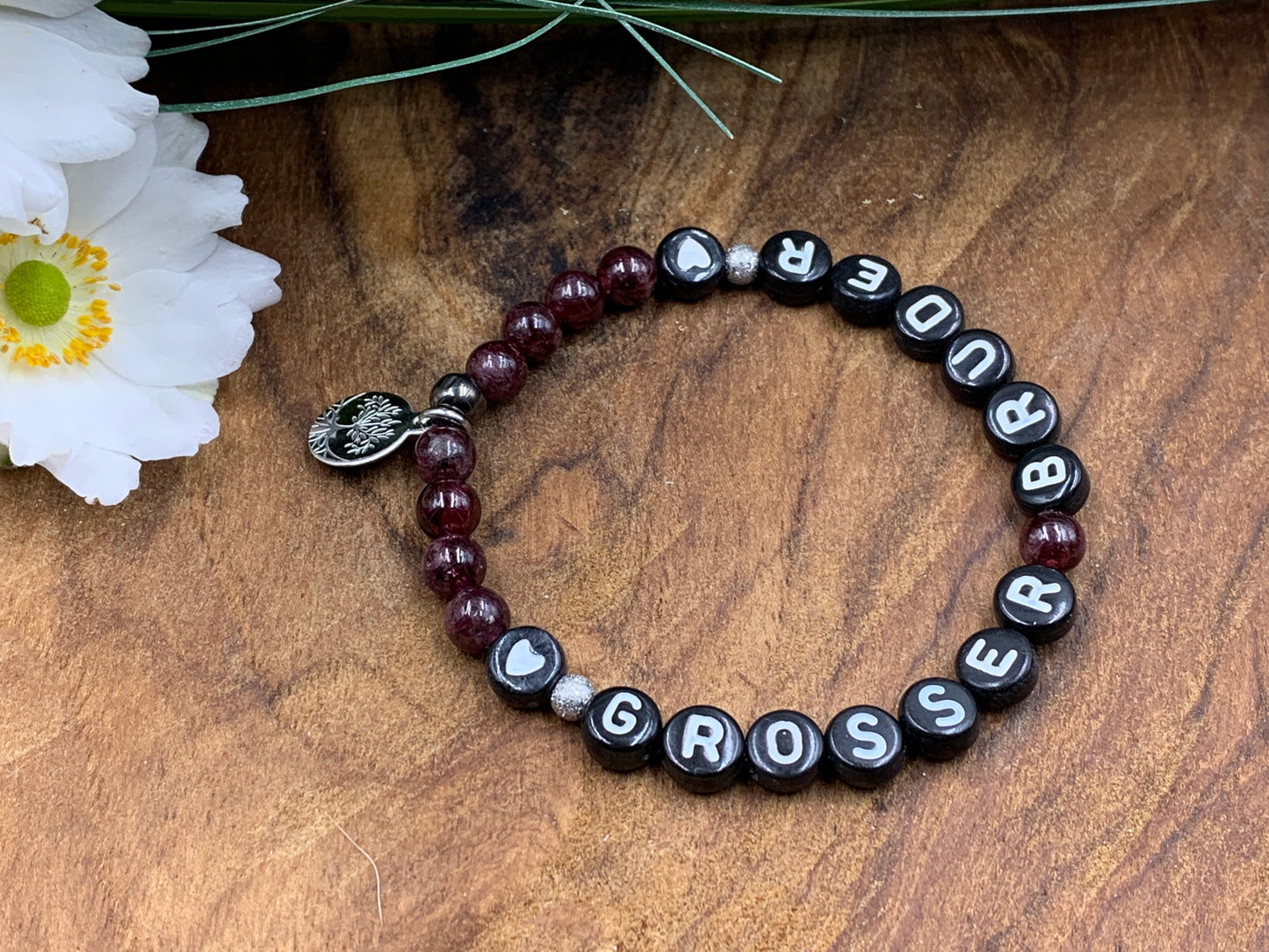 Perlenarmband Großer Bruder Granat - Geschenk Familie Schwester Armband Bruderherz Geschwisterkind  - diverse Edelsteine - personalisierbar