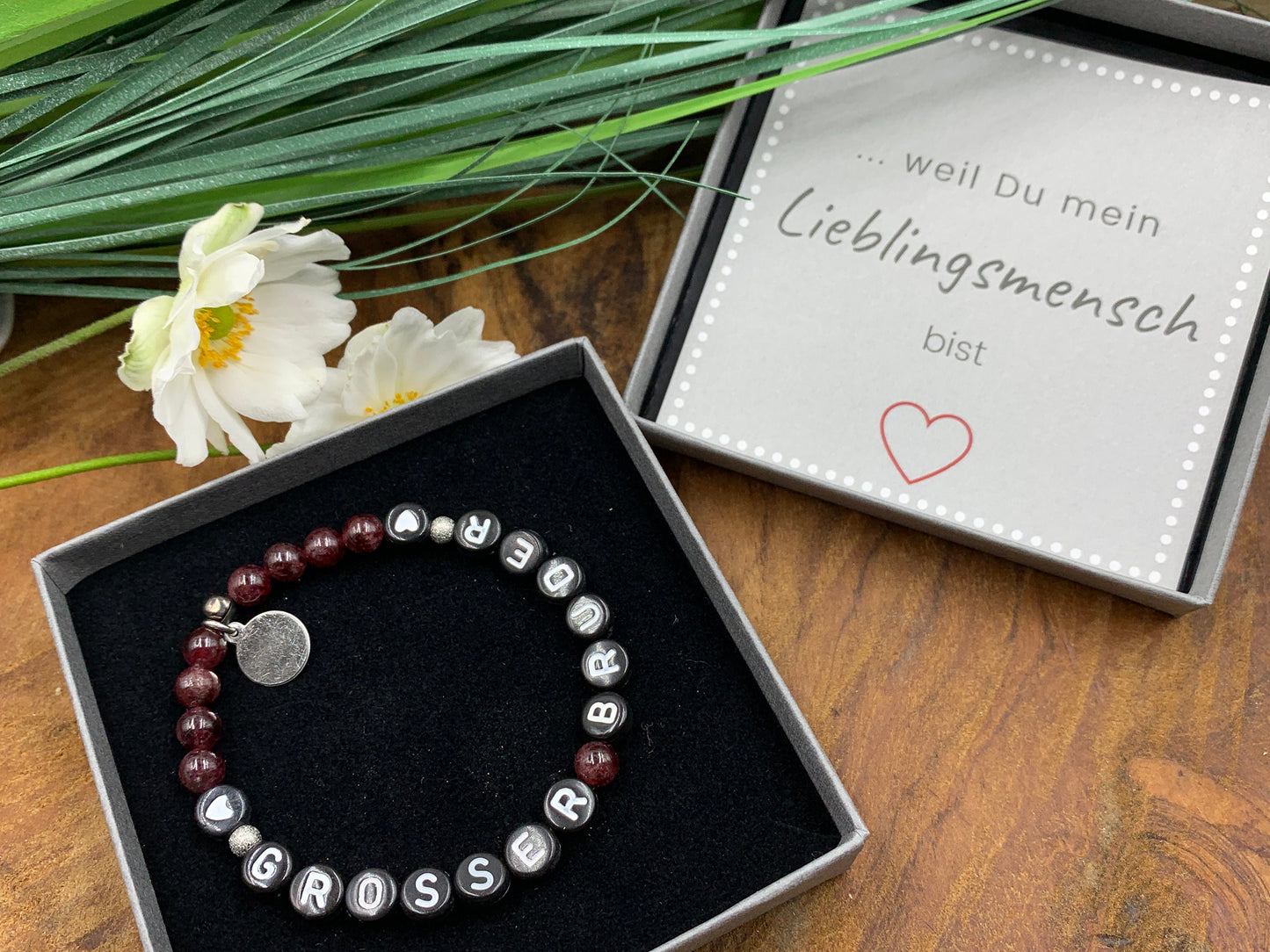 Perlenarmband Großer Bruder Granat - Geschenk Familie Schwester Armband Bruderherz Geschwisterkind  - diverse Edelsteine - personalisierbar