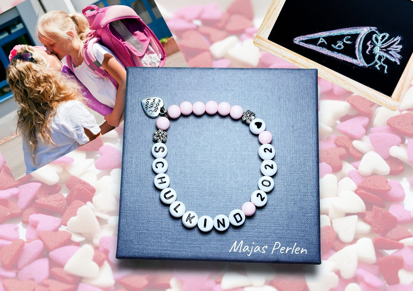 Armband Schulkind Rosa Acryl - Glücksbringer erster Schultag Geschenk Schulanfang Junge oder Mädchen für die Schultüte - personalisierbar