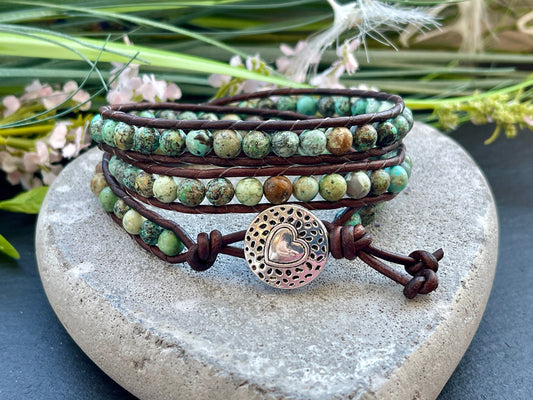 Armband gewickelt Afrikanischer Türkis und Leder - Wickelarmband - Geschenk Mama Liebe - Perlen 6 mm - Edelstein nach Wunsch