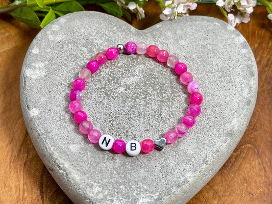 Armband Initialen Achat pink Naturperlen - Herz echt Platiniert - Namensarmband Geschenk Liebe Mama Lieblingsmensch - personalisierbar