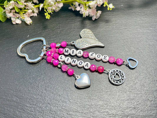Schlüsselanhänger Name Kinder Achat Pink gefärbt - hochwertig platiniert - Geschenk Mama Liebe Freundin - personalisierbar viele Edelsteine