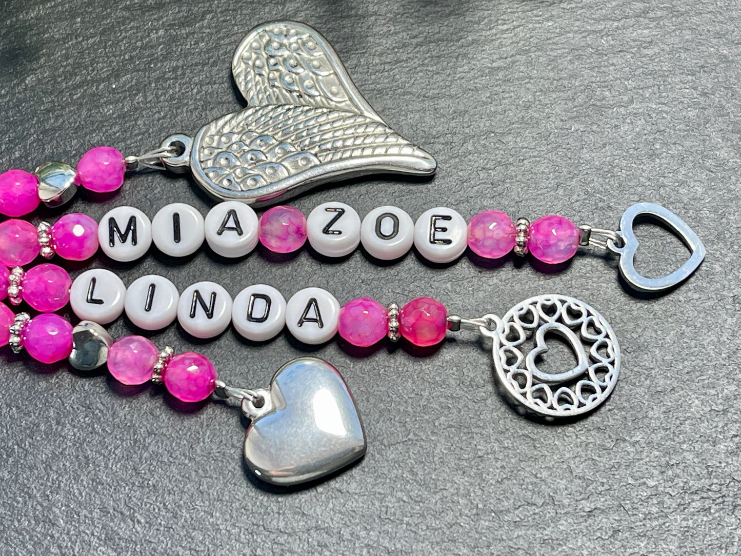 Schlüsselanhänger Name Kinder Achat Pink gefärbt - hochwertig platiniert - Geschenk Mama Liebe Freundin - personalisierbar viele Edelsteine