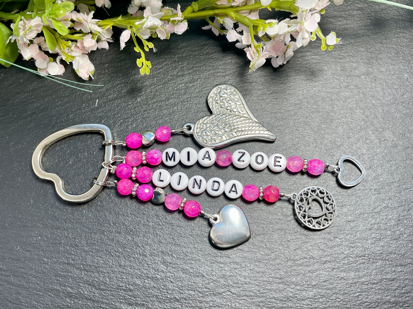 Schlüsselanhänger Name Kinder Achat Pink gefärbt - hochwertig platiniert - Geschenk Mama Liebe Freundin - personalisierbar viele Edelsteine
