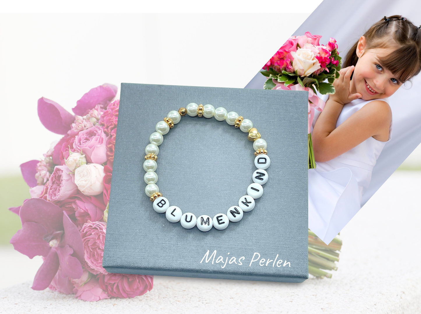 Perlenarmband Blumenkind hochwertig gewachste Glasperlen Perlmuttimitat - Geschenk Blumenmädchen Brauttochter Andenkenarmband heiraten
