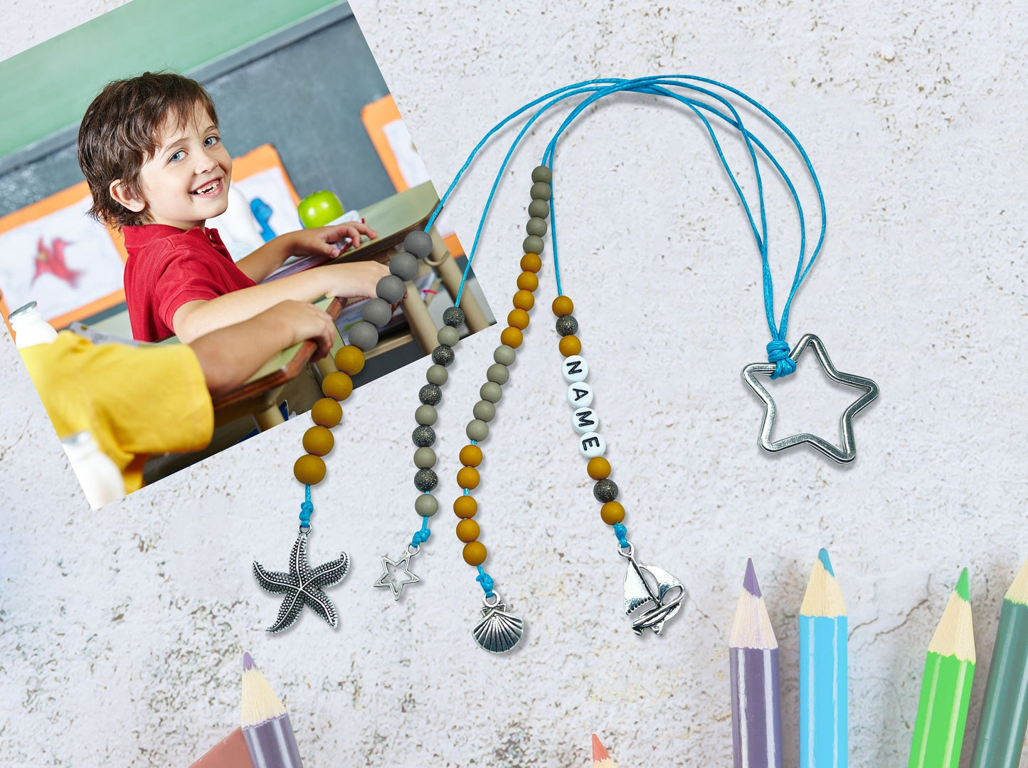 Rechenkette Junge Blau Taupe Maritim mit Name wahlweise ABC - Geschenk Einschulung erster Schultag - Rechenhilfe bis 20 Grundschule