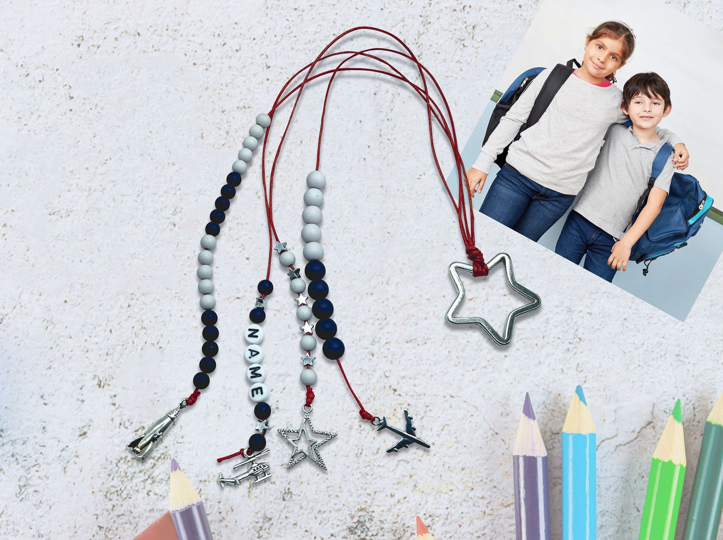 Rechenkette Junge Zählkette Grau Blau Rot Luftfahrt mit Name wahlweise ABC - Geschenk Einschulung erster Schultag - Rechenhilfe Grundschule