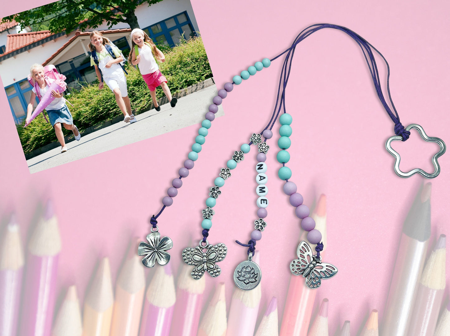 Rechenkette Mädchen Lotus Türkis Flieder mit Name wahlweise ABC - Geschenk Einschulung erster Schultag - Rechenhilfe bis 20 Grundschule