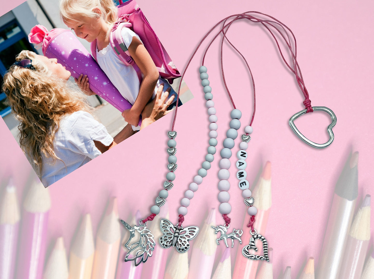 Rechenkette Mädchen Rechenkette Einhorn Grau Rosa mit Name wahlweise ABC - Geschenk Einschulung erster Schultag - Rechenhilfe Grundschule