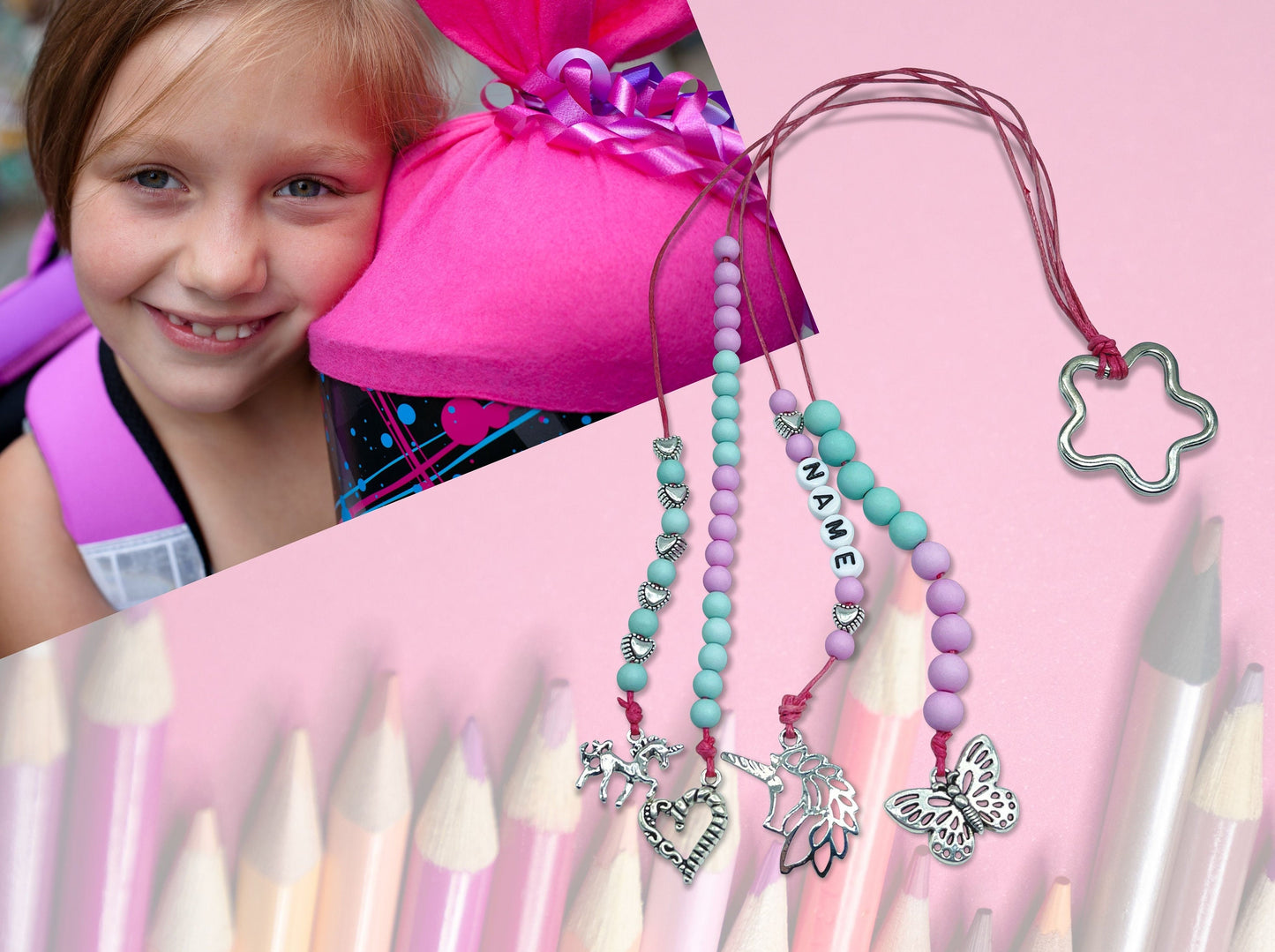 Rechenkette Mädchen Schmetterling Rosa Türkis mit Name wahlweise ABC - Geschenk Einschulung erster Schultag - Rechenhilfe bis 20 Grundschule