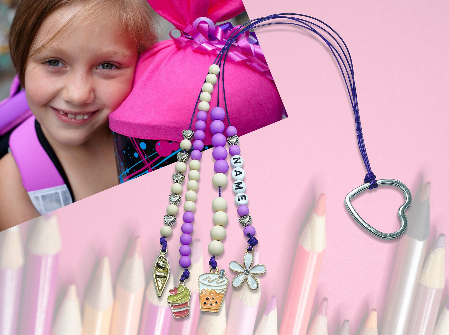 Rechenkette Mädchen Eiscreme Orchidee Elfenbein Name wahlweise ABC - Geschenk Einschulung erster Schultag - Rechenhilfe bis 20 Grundschule