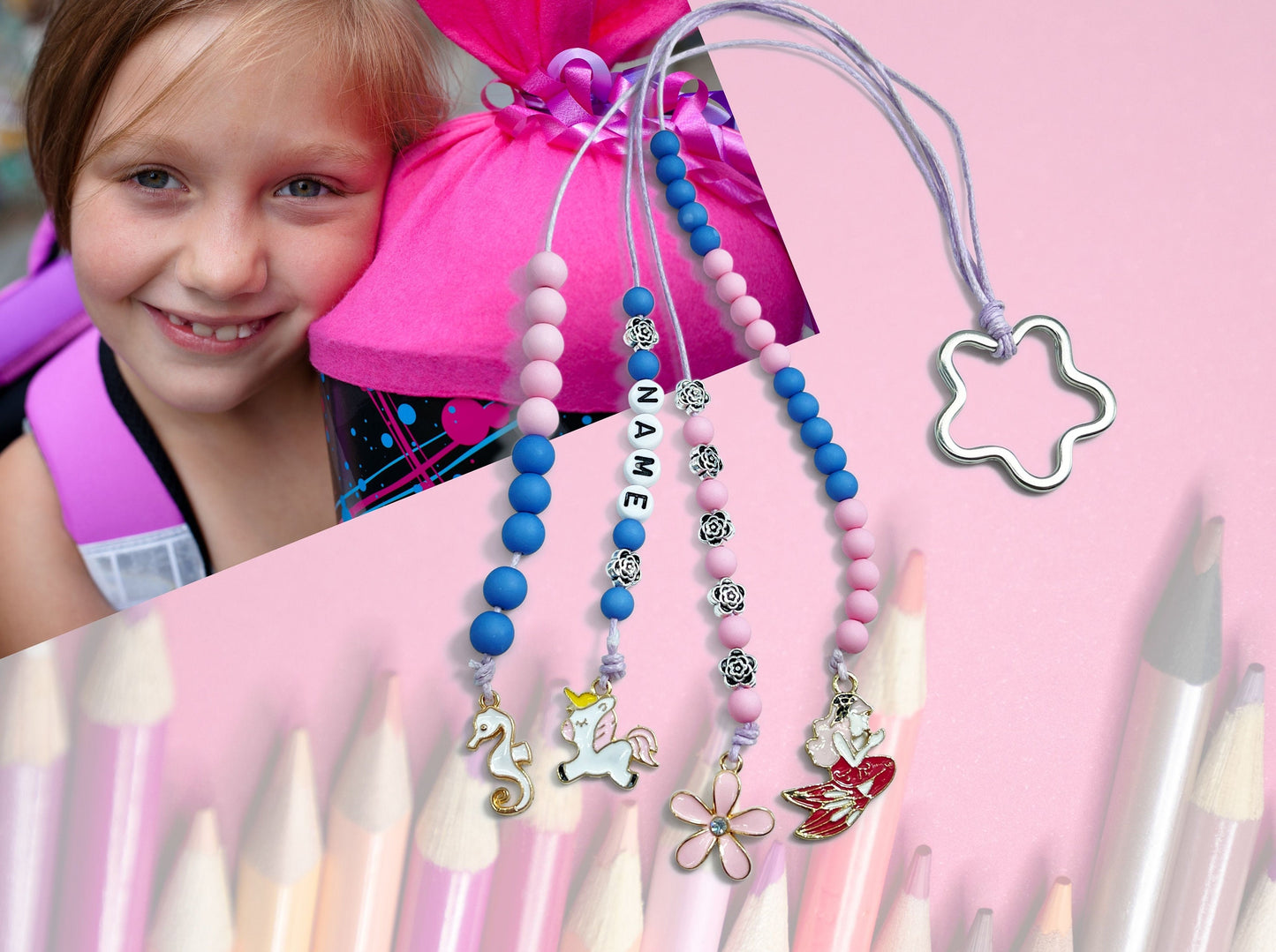Rechenkette Mädchen Meerjungfrau Rosa Blau mit Name wahlweise ABC - Geschenk Einschulung erster Schultag - Rechenhilfe bis 20 Grundschule