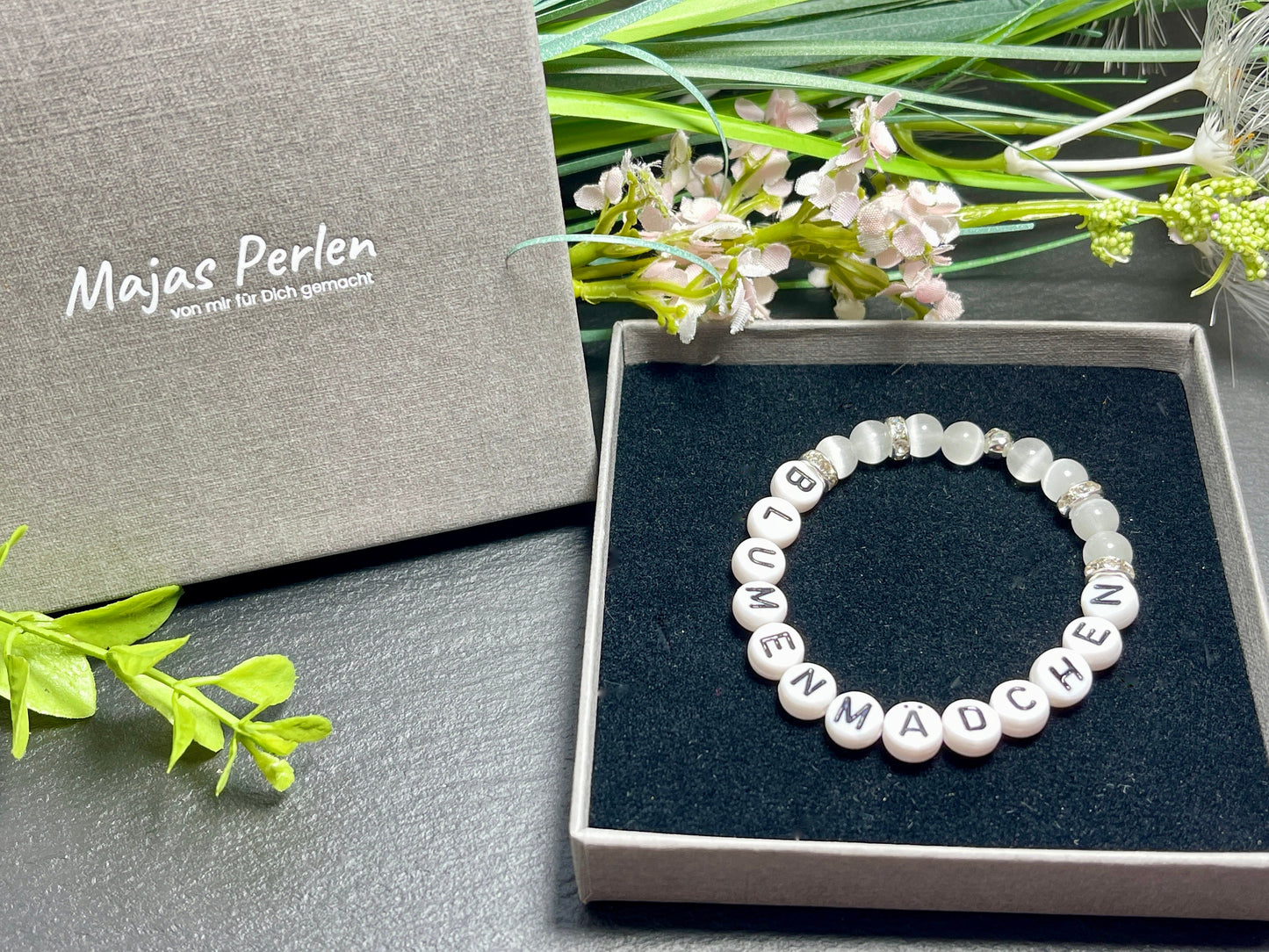 Perlenarmband Blumenmädchen Cateyeperlen Strassrondelle Weiß - Geschenk Blumenkind Ringkind - Hochzeit und Kinder - personalisierbar