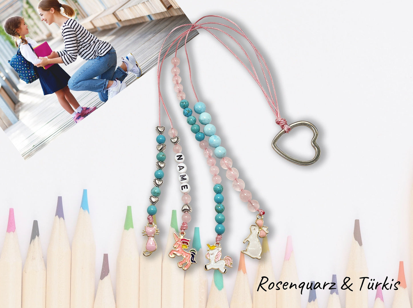 Rechenkette Mädchen Edelsteine Rosenquarz Türkis mit Name wahlweise ABC - Geschenk Einschulung erster Schultag - Rechenhilfe 20 Grundschule