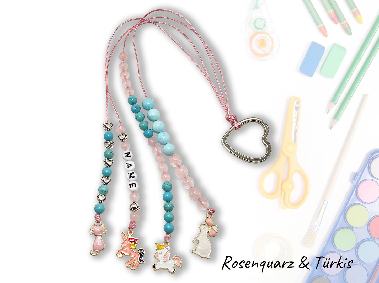 Rechenkette Mädchen Edelsteine Rosenquarz Türkis mit Name wahlweise ABC - Geschenk Einschulung erster Schultag - Rechenhilfe 20 Grundschule