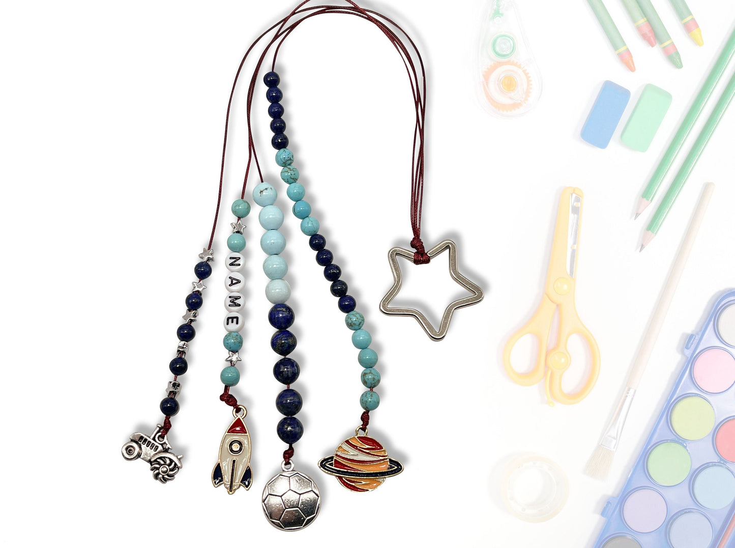 Rechenkette Junge Edelsteine Türkis Lapislazuli mit Name wahlweise ABC - Geschenk Einschulung erster Schultag - Rechenhilfe 20 Grundschule