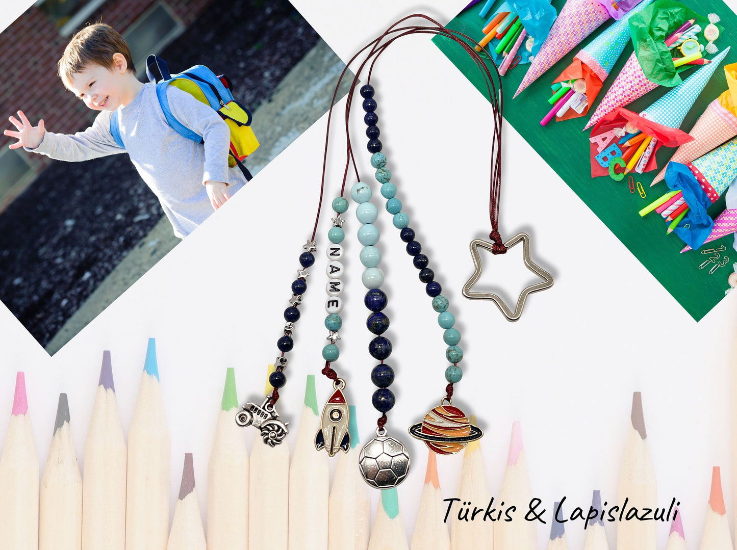 Rechenkette Junge Edelsteine Türkis Lapislazuli mit Name wahlweise ABC - Geschenk Einschulung erster Schultag - Rechenhilfe 20 Grundschule