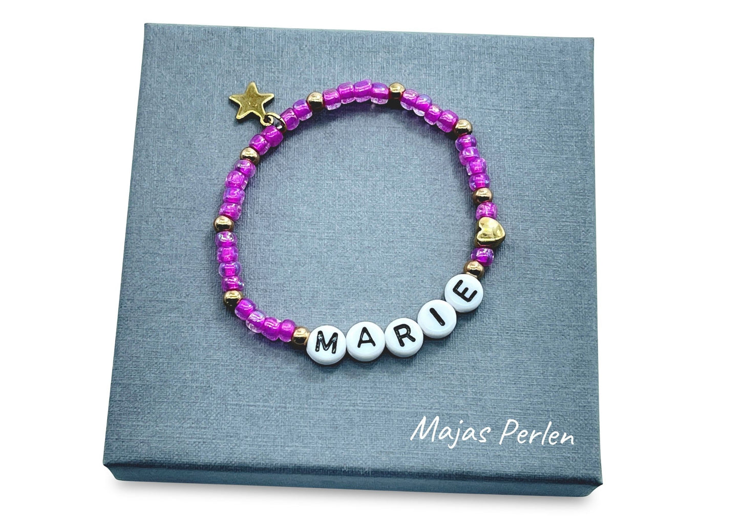 Perlenarmband mit Name Pink Gold Rocaille Edelstahl 4 mm - Armband mit Namen Geschenk Mädchen Kinderarmband - Rosa Pink Flieder Weiß