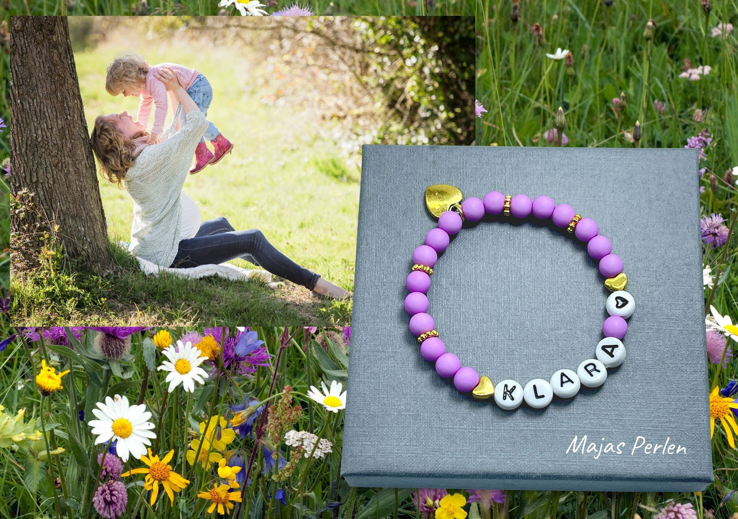 Armband mit Namen Acryl Orchidee mit Gold - Geschenk Mama Freundschaft Kinderarmband personalisiert -  Wunschfarbe - viele Farben