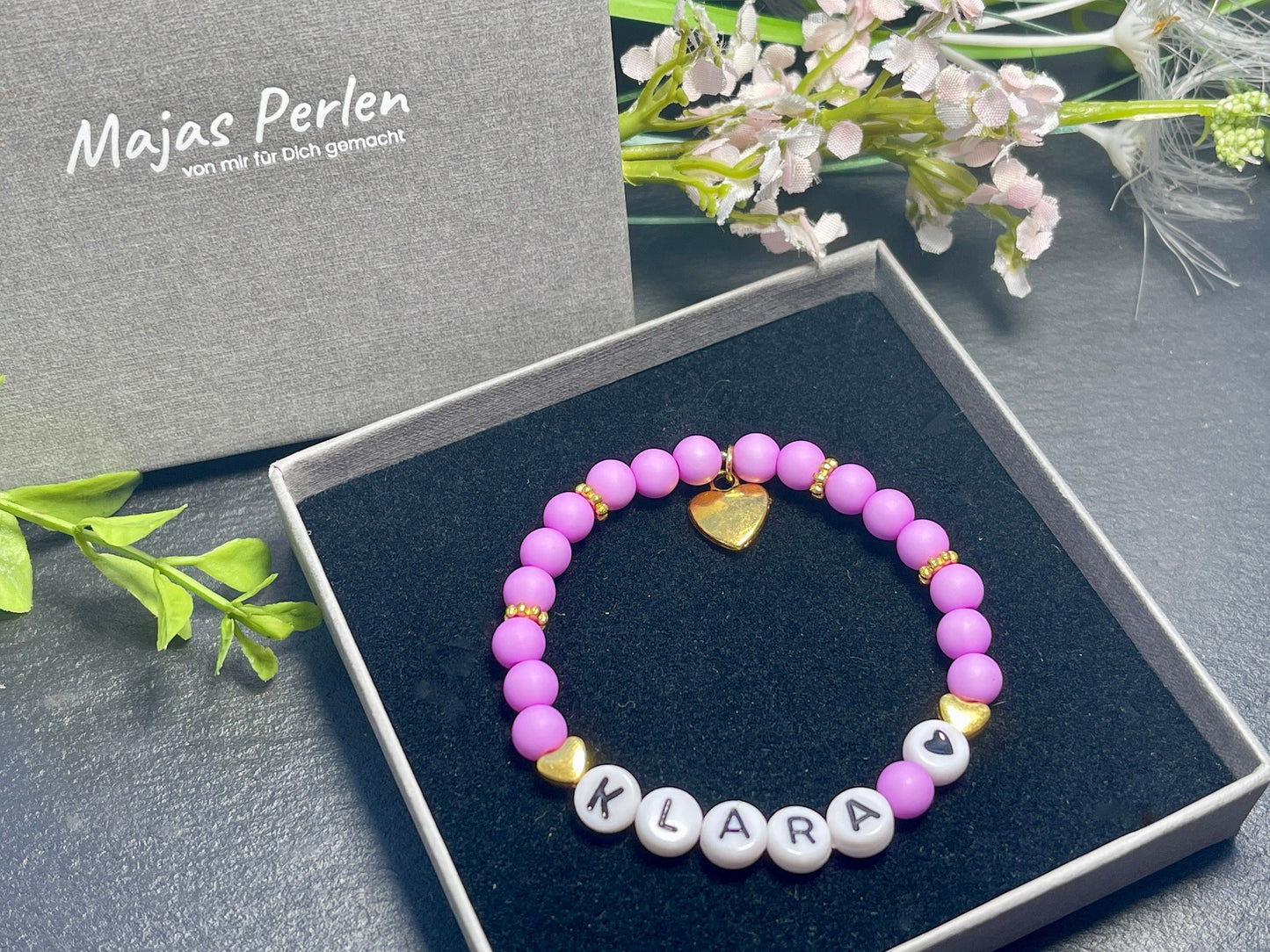 Armband mit Namen Acryl Orchidee mit Gold - Geschenk Mama Freundschaft Kinderarmband personalisiert -  Wunschfarbe - viele Farben