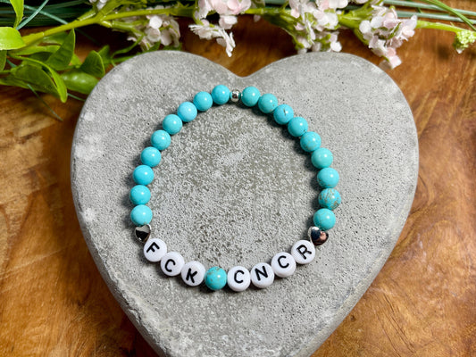 Armband Fuck Cancer Türkis Herz Platiniert - Geschenk Aufmunterung Diagnose Krebs - Genesungswunsch - viele Edelsteine - personalisierbar