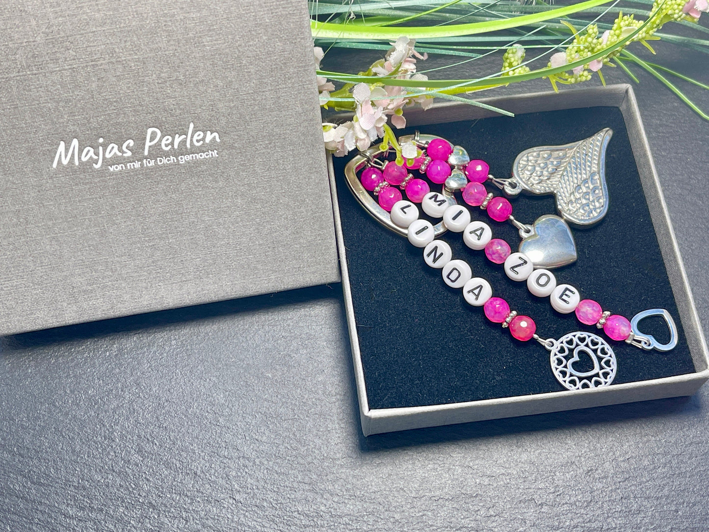 Schlüsselanhänger Name Kinder Achat Pink gefärbt - hochwertig platiniert - Geschenk Mama Liebe Freundin - personalisierbar viele Edelsteine
