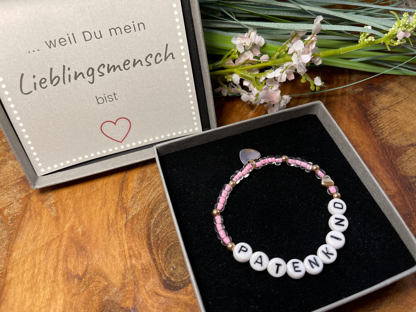 Armband Patenkind Rocailles Rosa Edelstahl Roségold - Andenken Taufgeschenk - verschiedene Farben nach Wunsch - personalisierbar