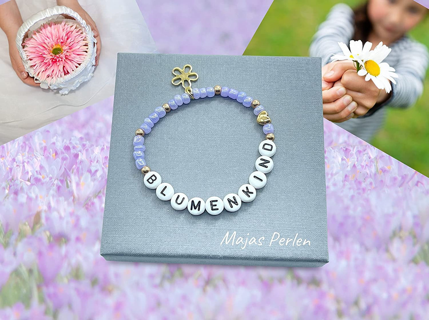 Armband Blumenkind Rocailles Flieder Edelstahl Roségold - Farben lila pink weiß - Geschenk Blumenmädchen Kerzenkind - personalisierbar