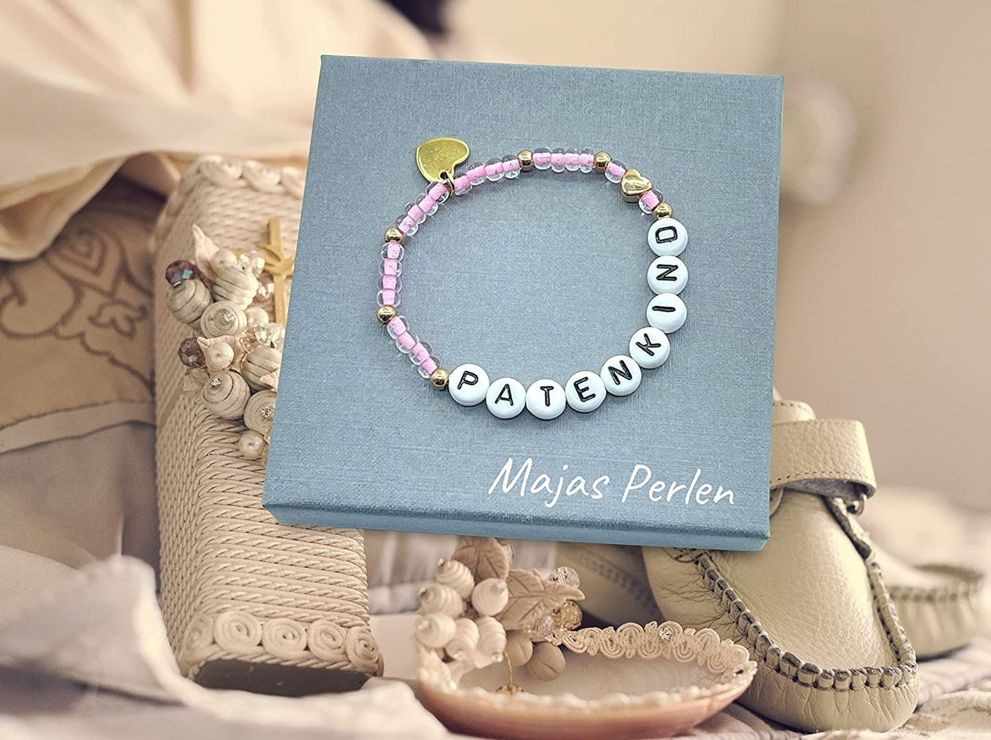Armband Patenkind Rocailles Rosa Edelstahl Roségold - Andenken Taufgeschenk - verschiedene Farben nach Wunsch - personalisierbar