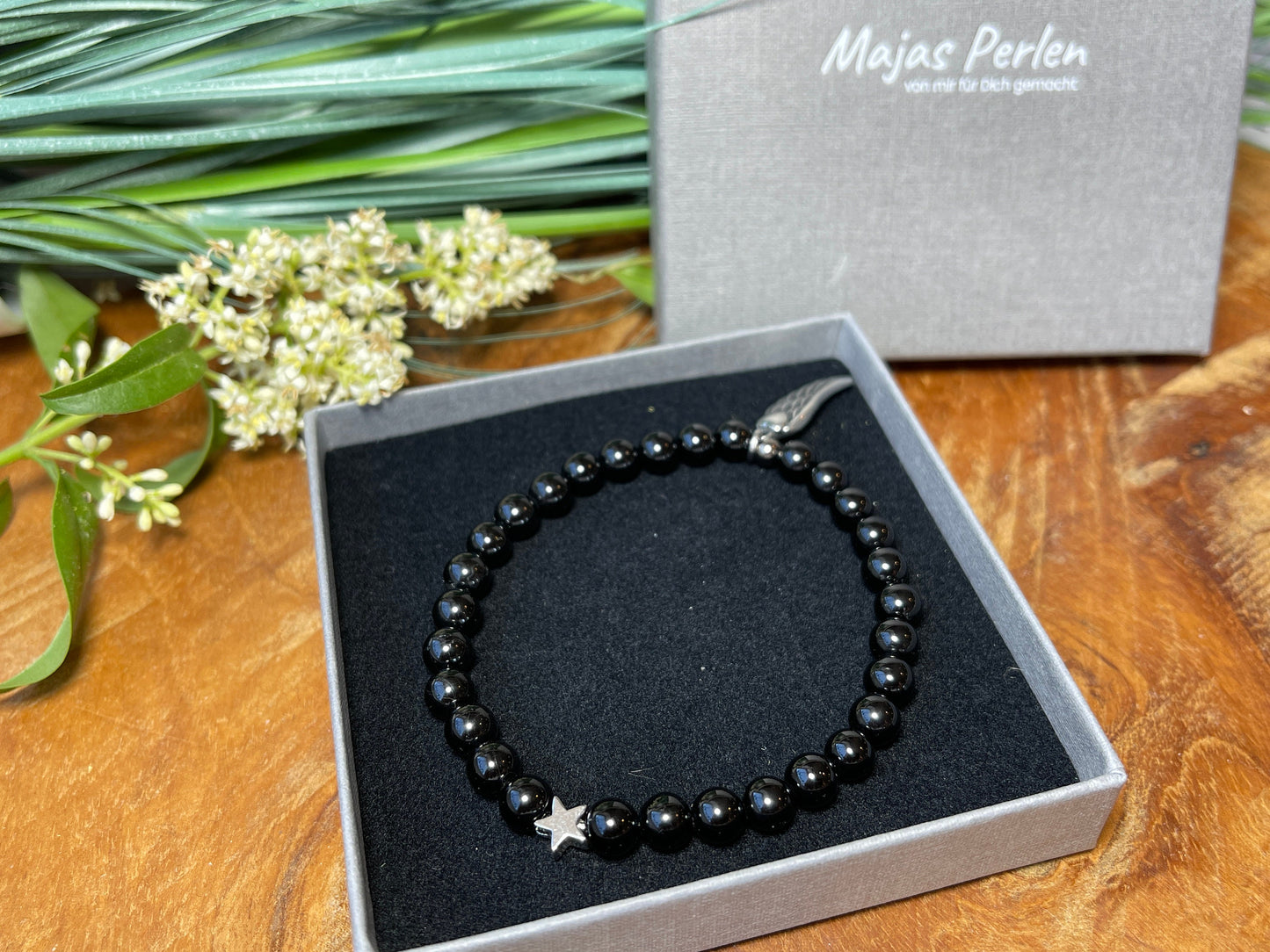 Armband Turmalin echt Stern echt Platiniert - Schutzstein Perlenarmband - Geschenk Schutz Liebe Glück - individualisierbar