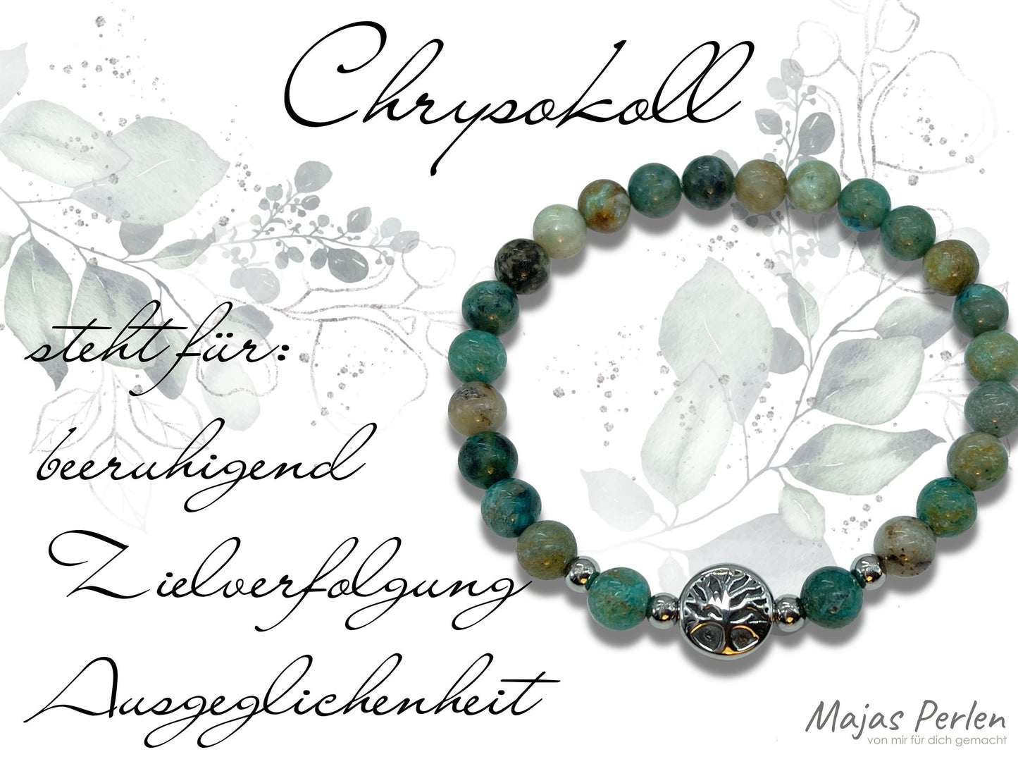 Armband Chrysokoll Lebensbaum Edelstahl Silber oder Gold - Perlenarmband für Ausglichenheit Zielverfolgung - Spiritueller Schmuck