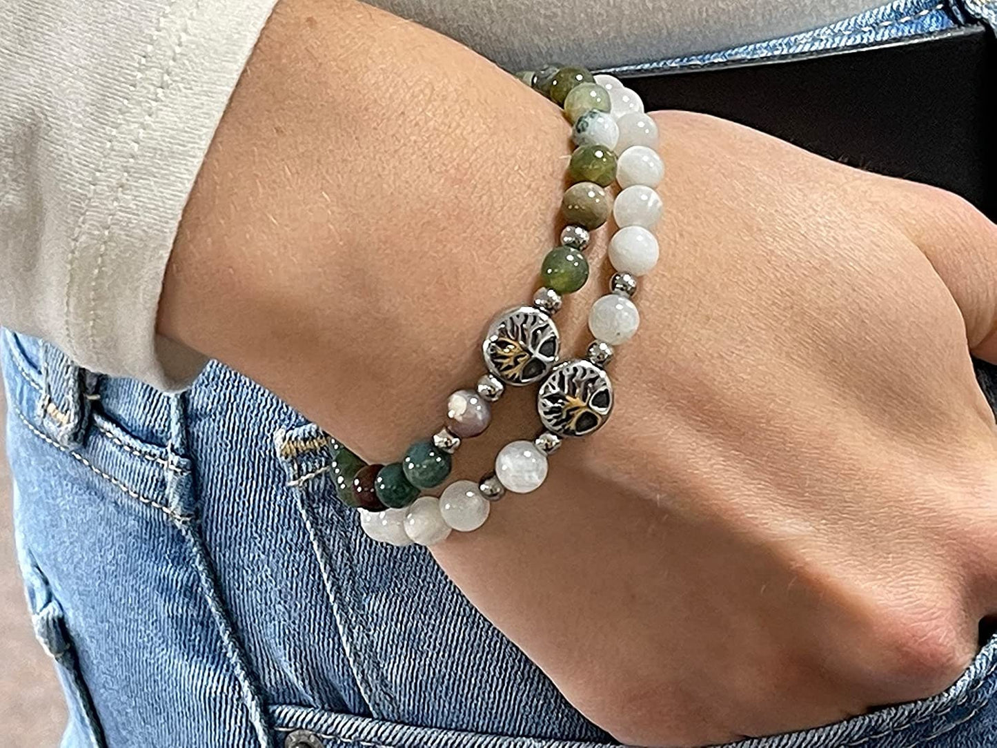 Armband Chrysokoll Lebensbaum Edelstahl Silber oder Gold - Perlenarmband für Ausglichenheit Zielverfolgung - Spiritueller Schmuck