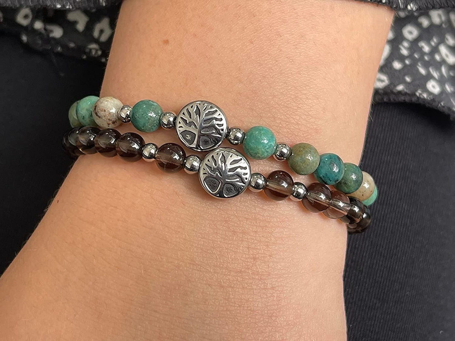 Armband Chrysokoll Lebensbaum Edelstahl Silber oder Gold - Perlenarmband für Ausglichenheit Zielverfolgung - Spiritueller Schmuck
