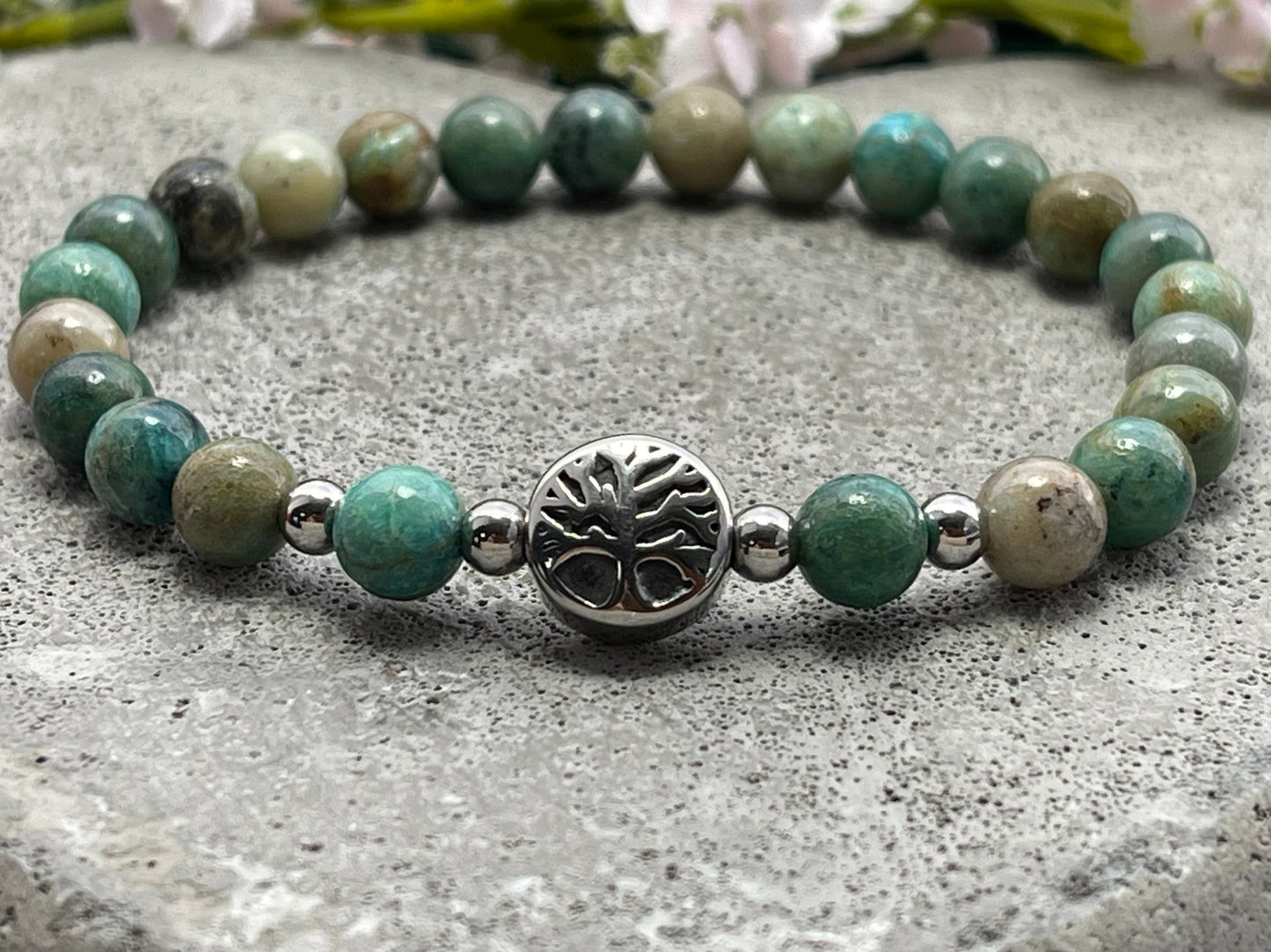 Armband Chrysokoll Lebensbaum Edelstahl Silber oder Gold - Perlenarmband für Ausglichenheit Zielverfolgung - Spiritueller Schmuck